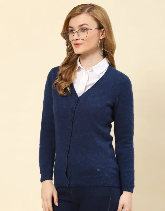 Women Navy Blue Solid V Neck Full Sleeve Cardigan sold by Monte Carlo