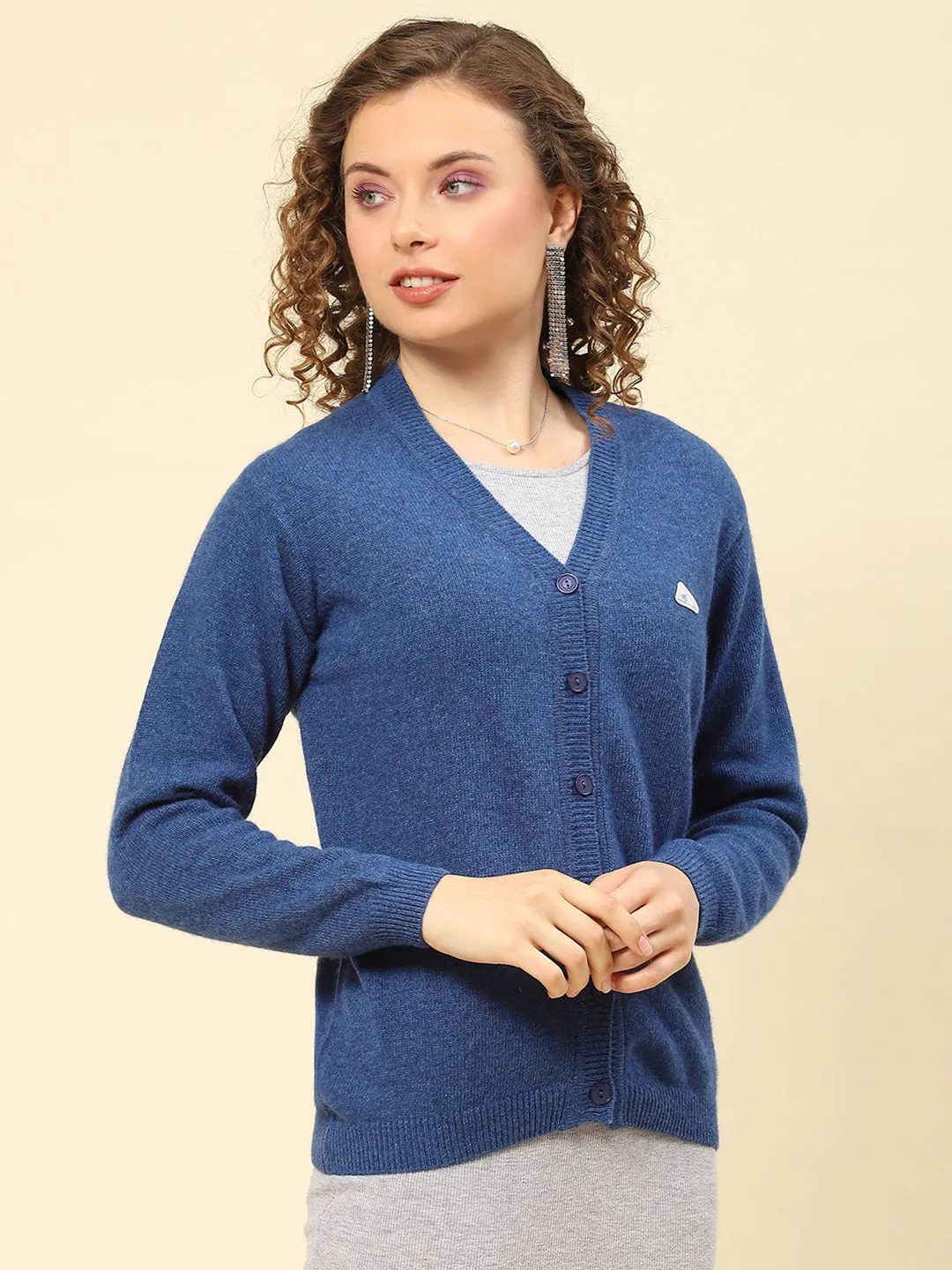 Women Blue Solid V Neck Full Sleeve Cardigan sold by Monte Carlo product image thumbnail 4
