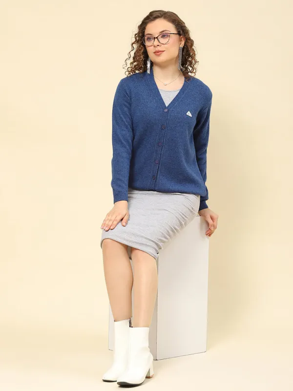 Women Blue Solid V Neck Full Sleeve Cardigan sold by Monte Carlo