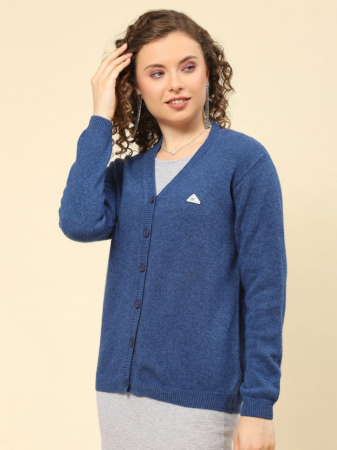 Women Blue Solid V Neck Full Sleeve Cardigan sold by Monte Carlo product image thumbnail 3