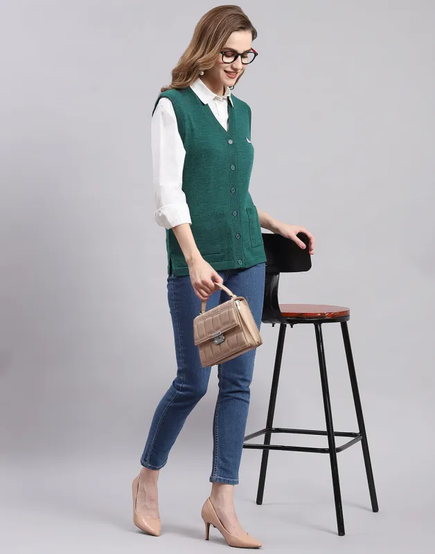 Women Green Solid V Neck Sleeveless Cardigan sold by Monte Carlo