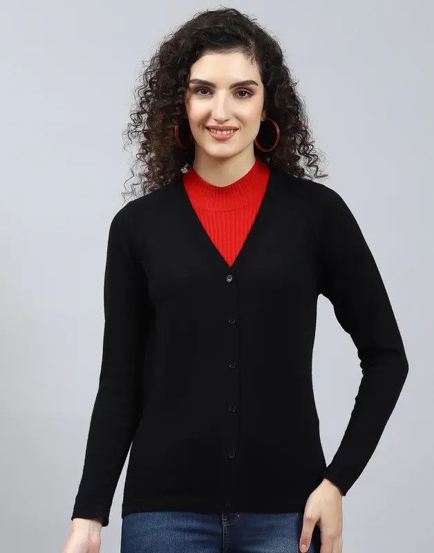 Women Black Solid V Neck Full Sleeve Cardigan sold by Monte Carlo