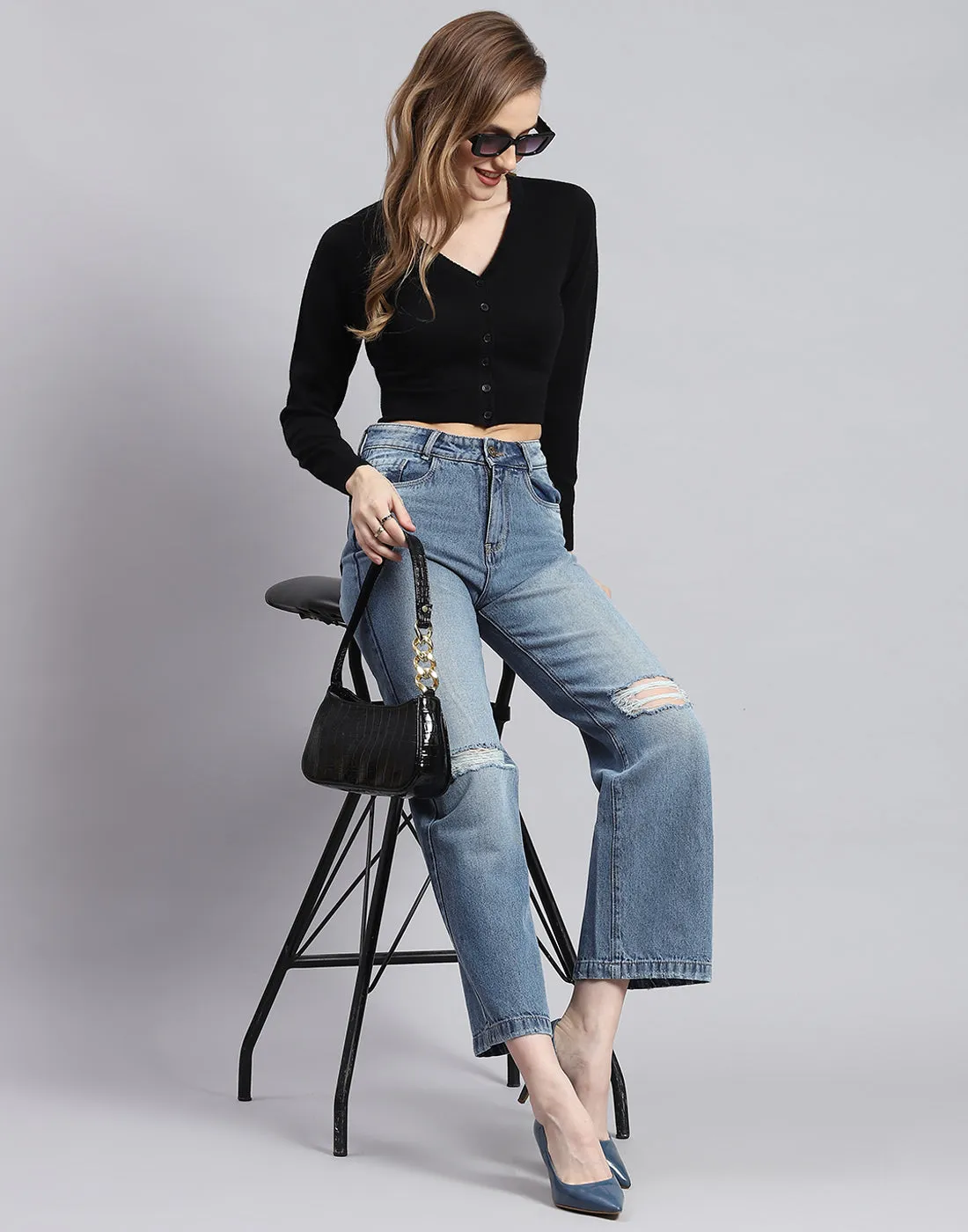 Women Black Solid V Neck Full Sleeve Blouse sold by Monte Carlo product image thumbnail 2