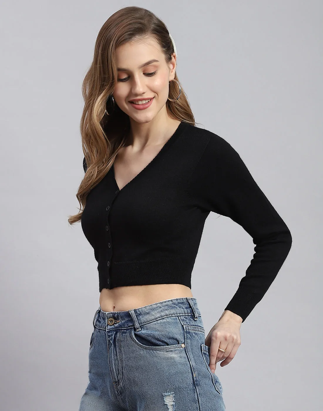 Women Black Solid V Neck Full Sleeve Blouse sold by Monte Carlo product image thumbnail 3