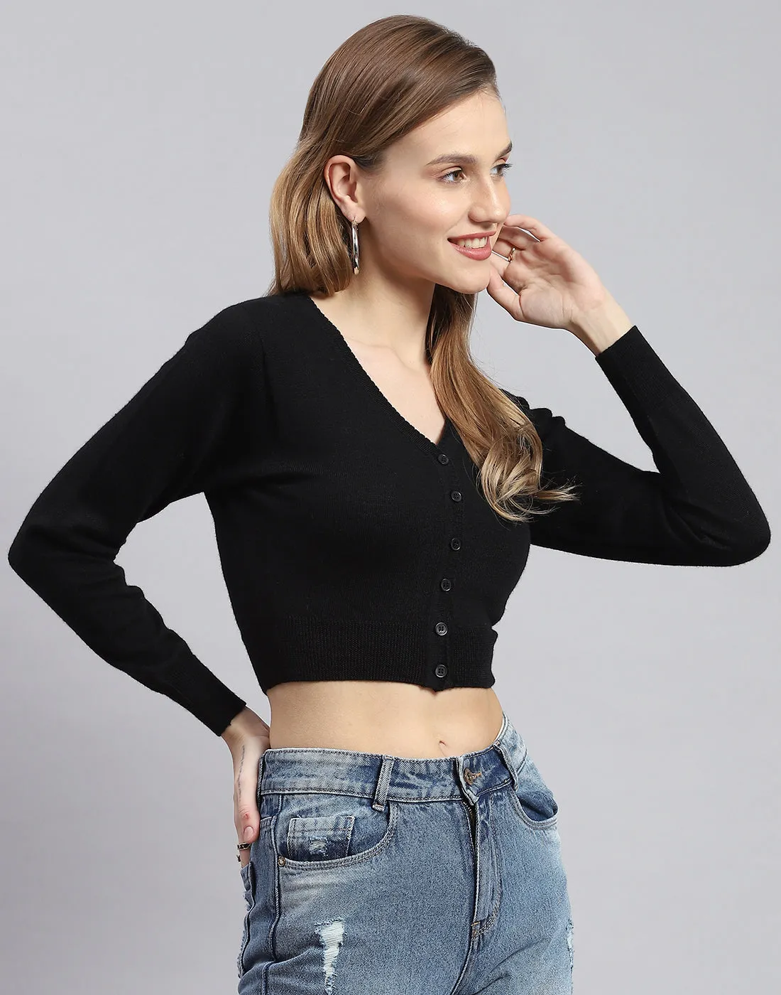 Women Black Solid V Neck Full Sleeve Blouse sold by Monte Carlo product image thumbnail 4