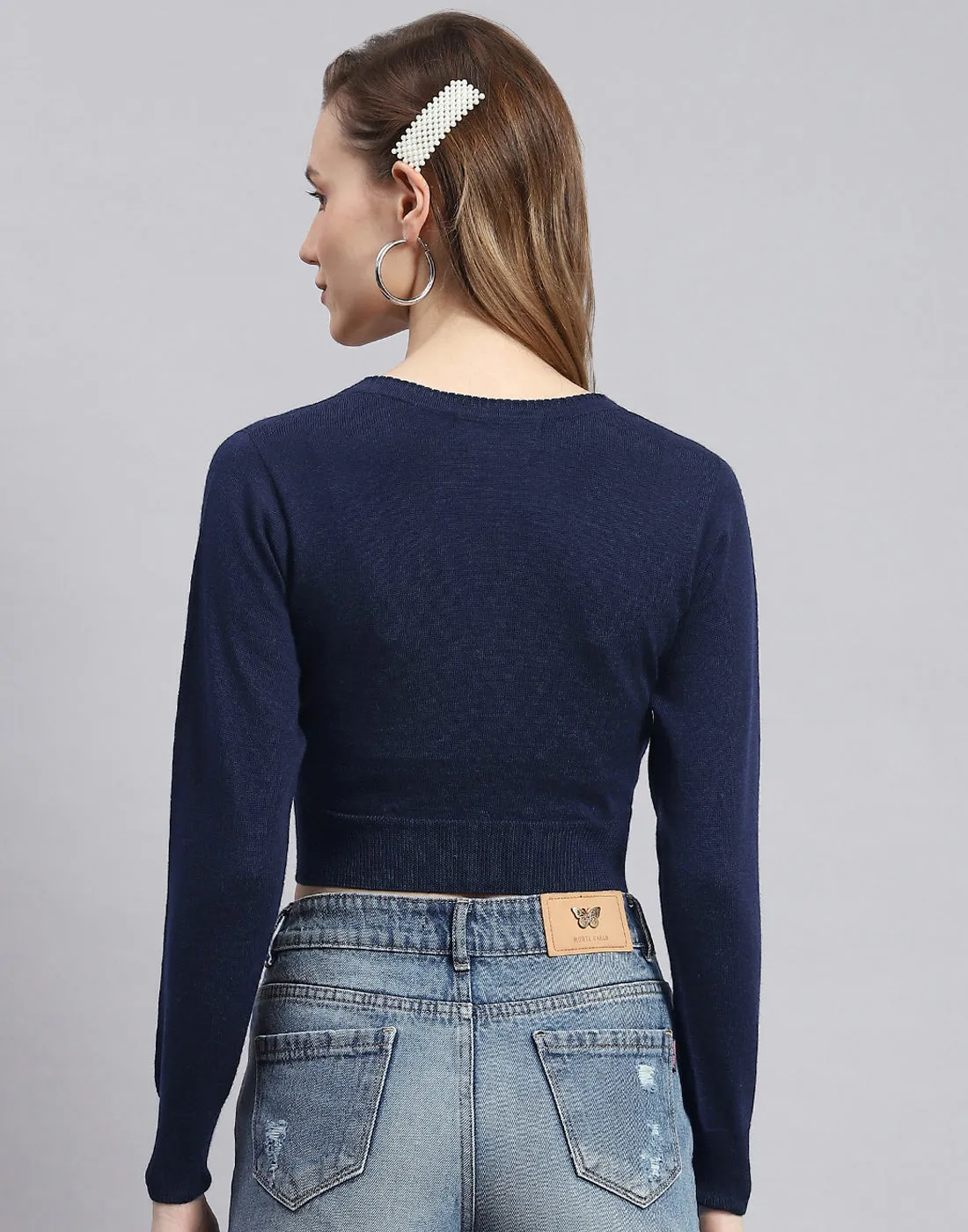 Women Navy Blue Solid V Neck Full Sleeve Blouse sold by Monte Carlo product image thumbnail 5