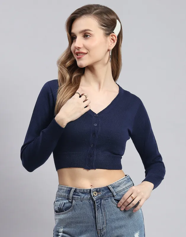 Women Navy Blue Solid V Neck Full Sleeve Blouse sold by Monte Carlo