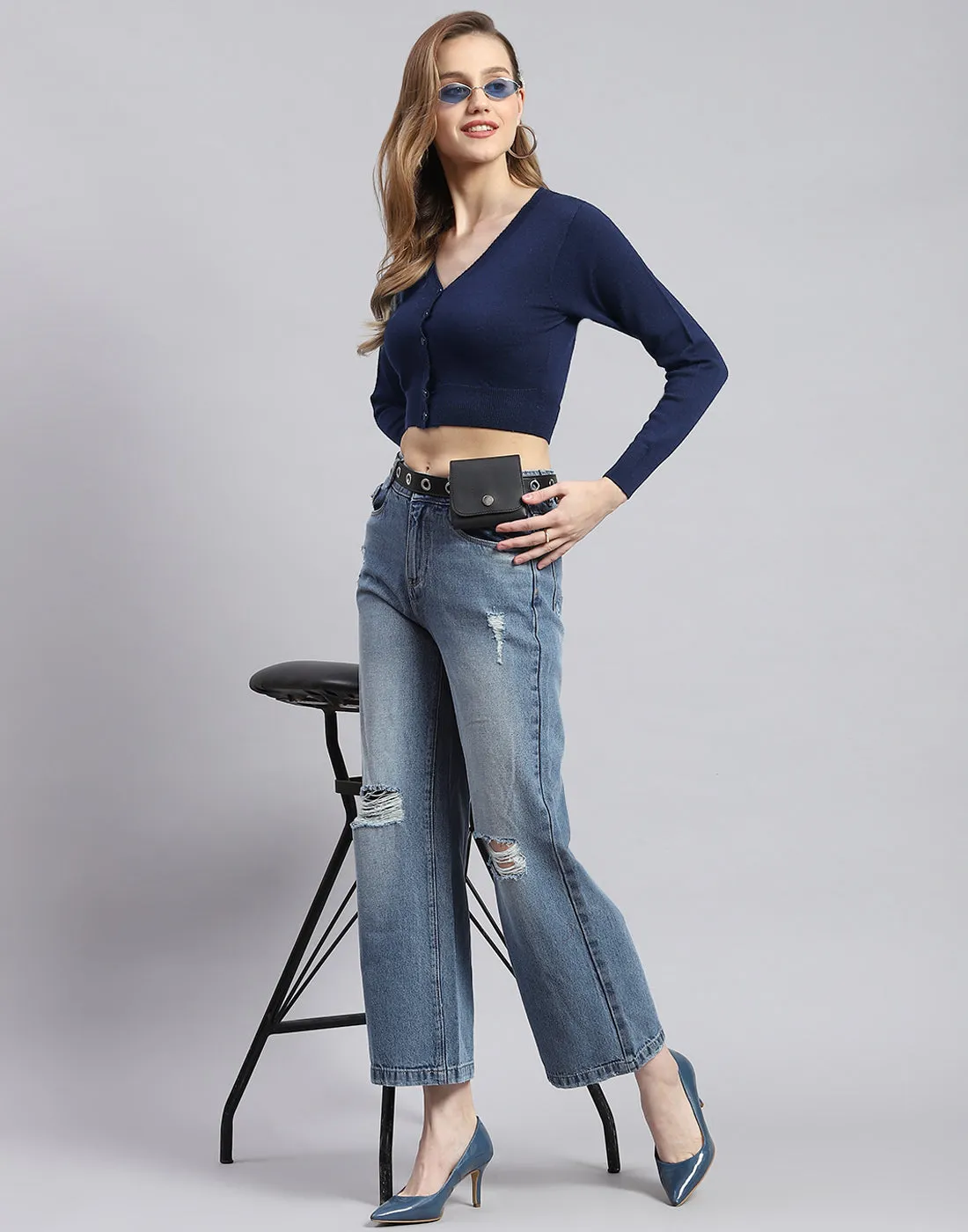 Women Navy Blue Solid V Neck Full Sleeve Blouse sold by Monte Carlo product image thumbnail 2