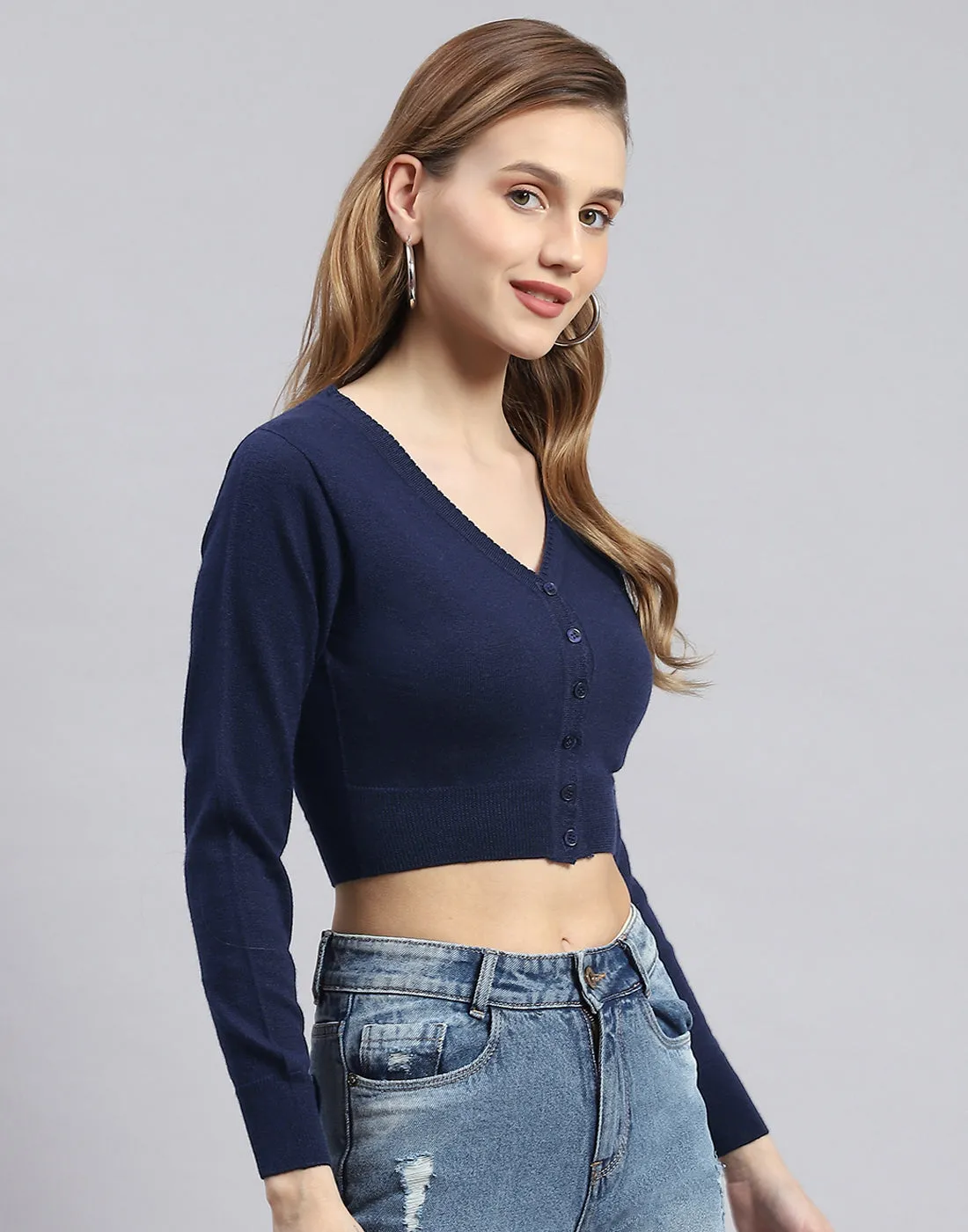 Women Navy Blue Solid V Neck Full Sleeve Blouse sold by Monte Carlo product image thumbnail 4