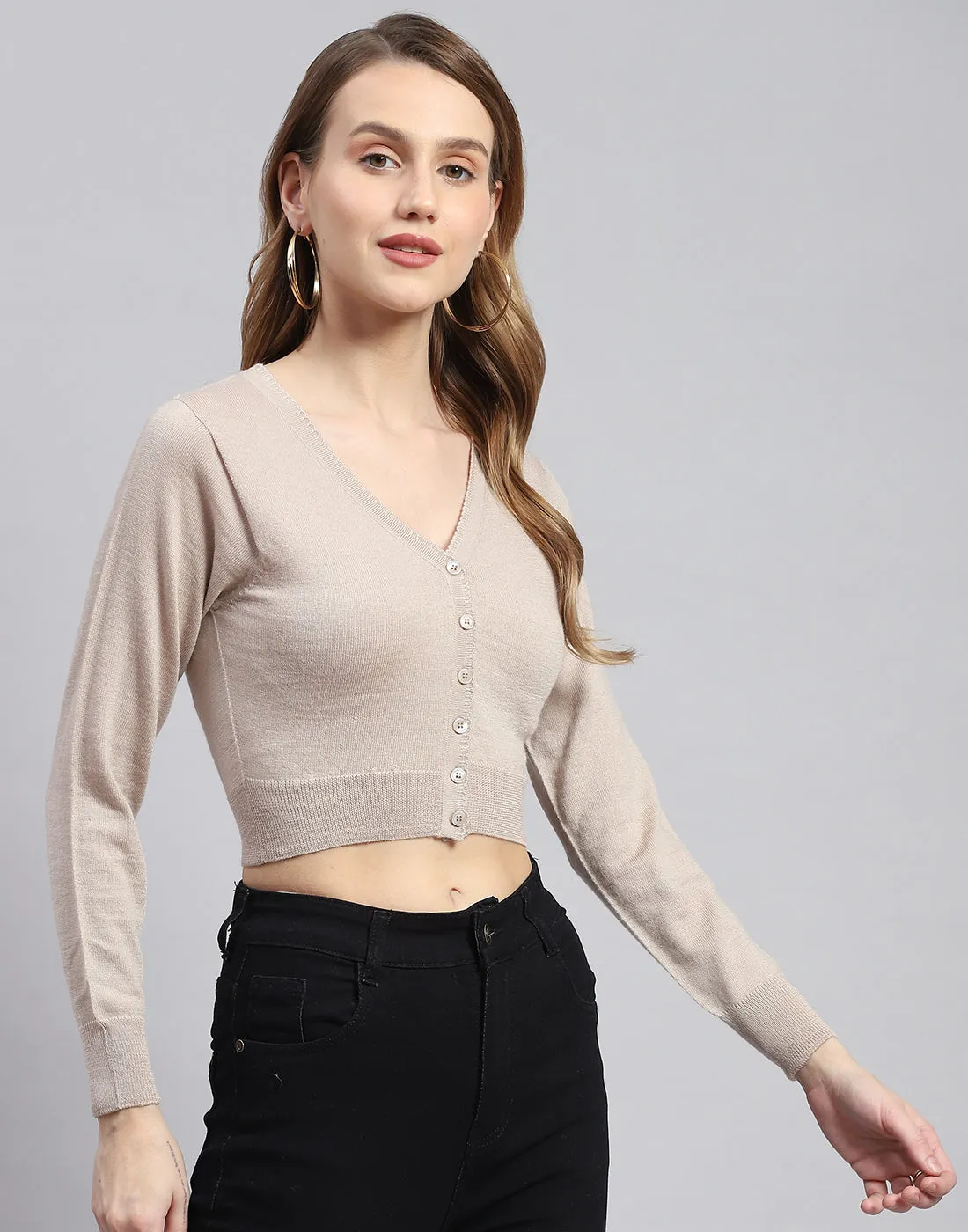 Women Beige Solid V Neck Full Sleeve Blouse sold by Monte Carlo product image thumbnail 4