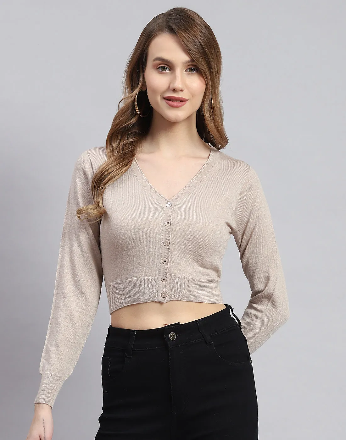 Women Beige Solid V Neck Full Sleeve Blouse sold by Monte Carlo