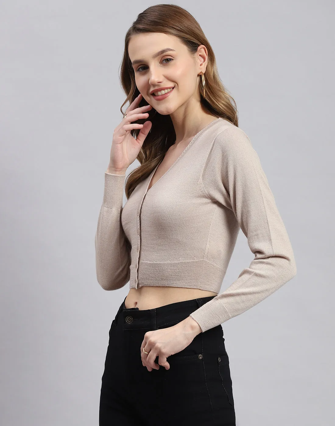 Women Beige Solid V Neck Full Sleeve Blouse sold by Monte Carlo product image thumbnail 3