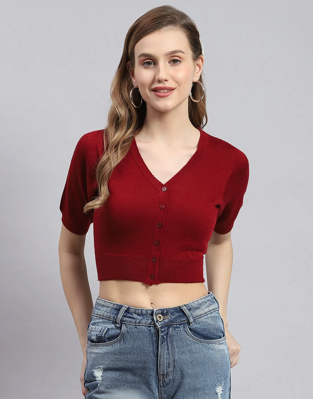 Women Maroon Solid V Neck Half Sleeve Blouse sold by Monte Carlo