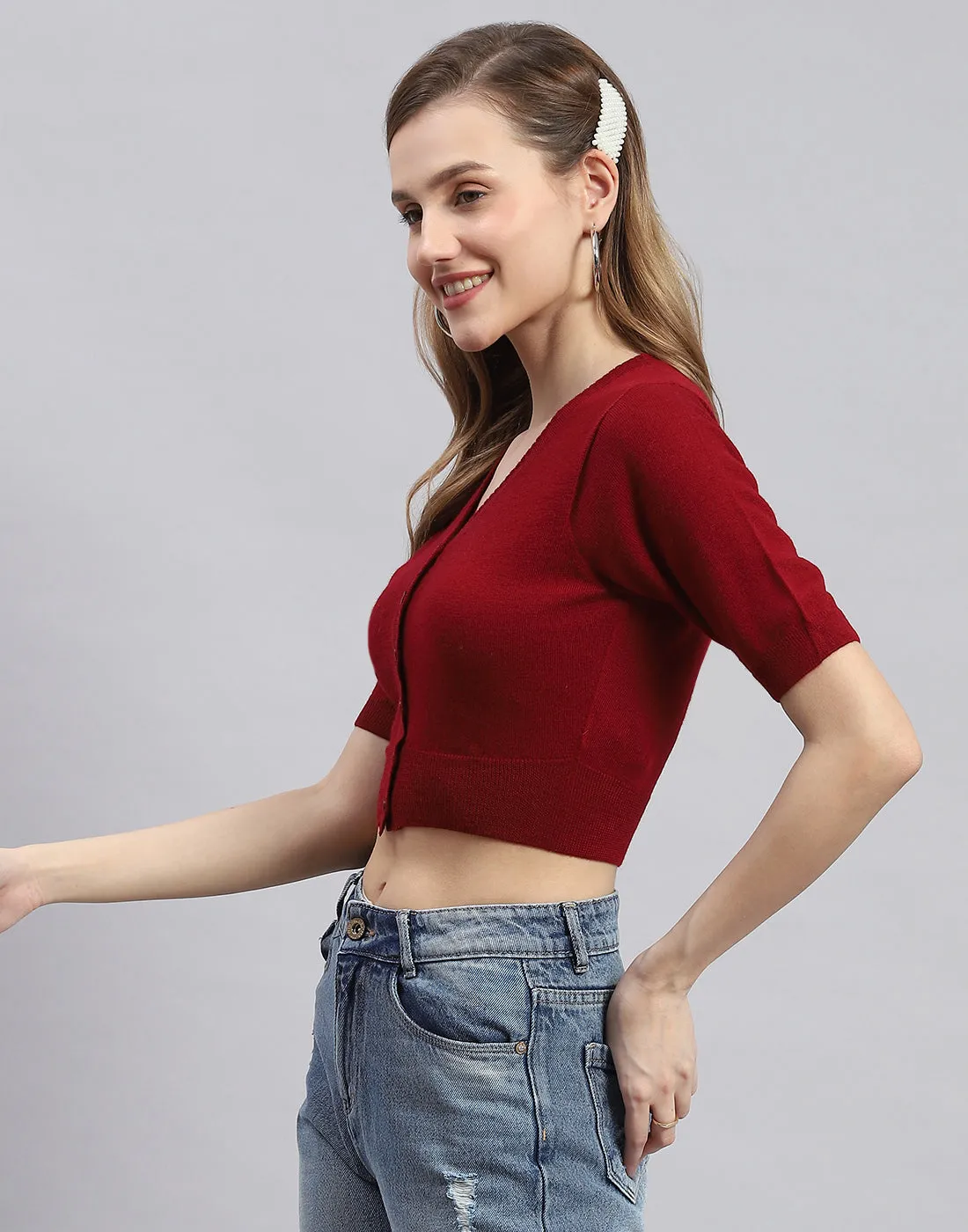 Women Maroon Solid V Neck Half Sleeve Blouse sold by Monte Carlo product image thumbnail 3