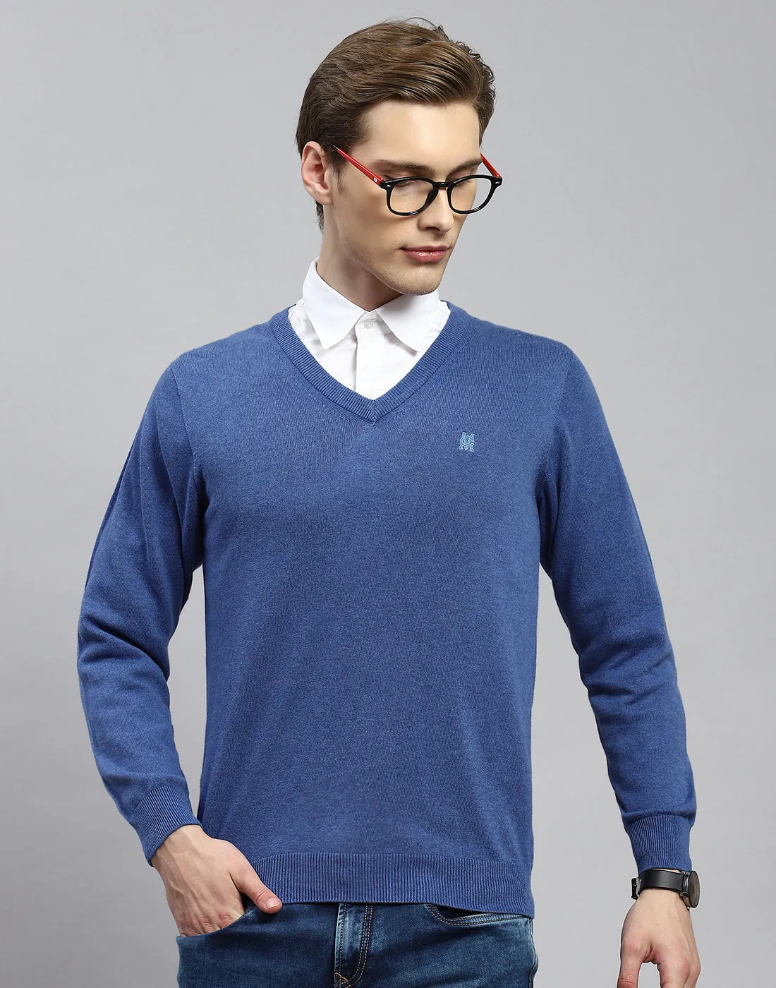Men Blue Solid V Neck Full Sleeve Pullover sold by Monte Carlo product image thumbnail 2