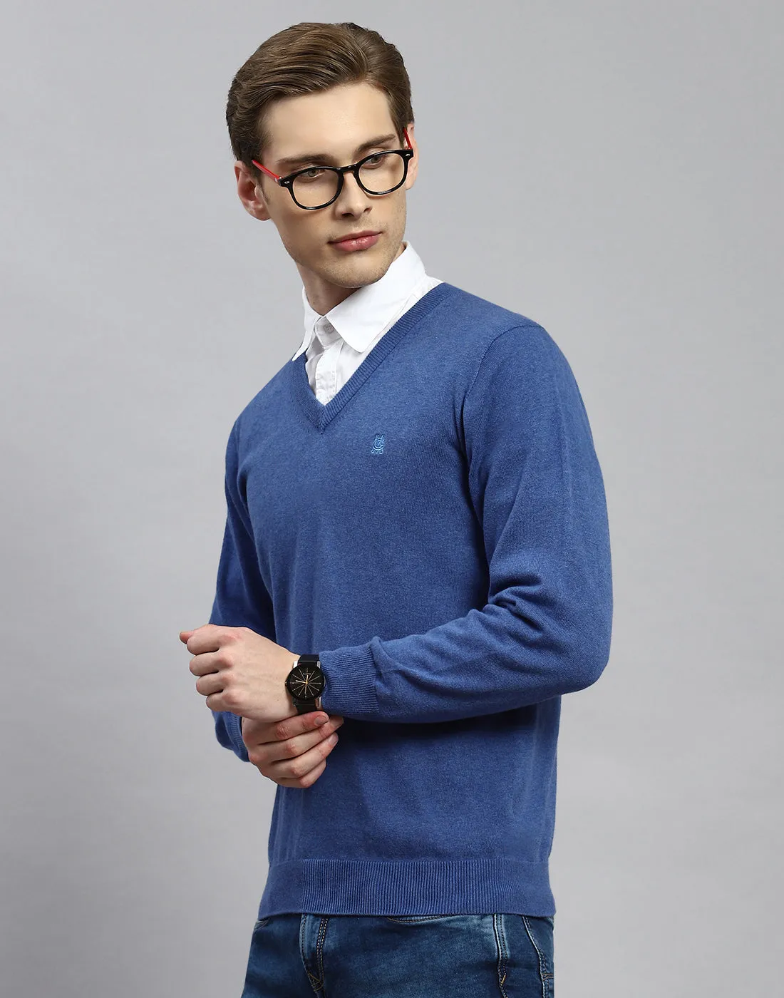 Men Blue Solid V Neck Full Sleeve Pullover sold by Monte Carlo product image thumbnail 3