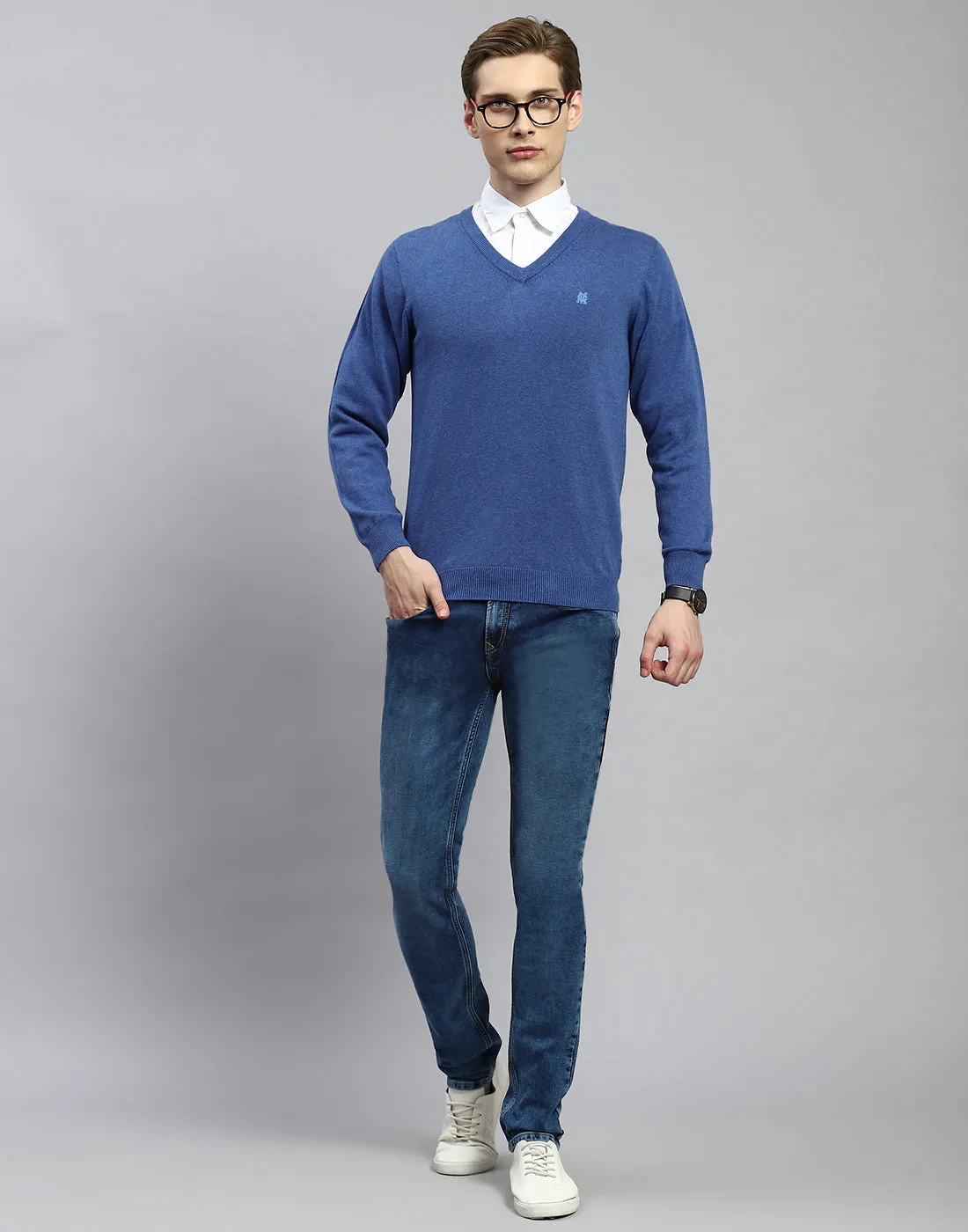 Men Blue Solid V Neck Full Sleeve Pullover sold by Monte Carlo