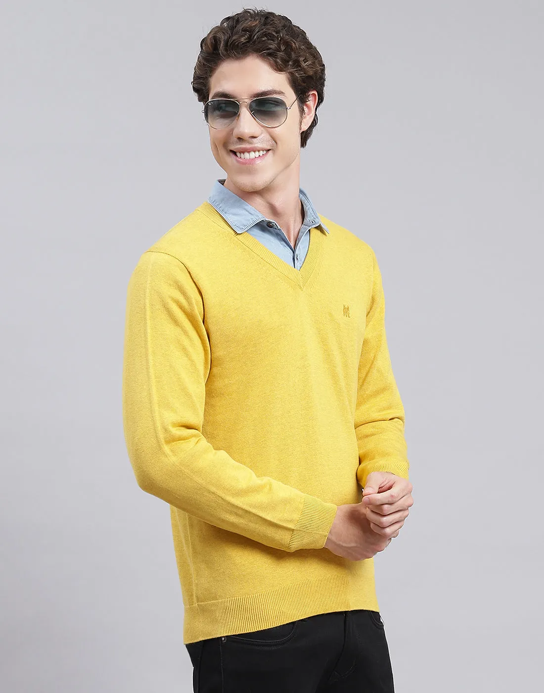 Men Yellow Solid V Neck Full Sleeve Pullover sold by Monte Carlo product image thumbnail 4