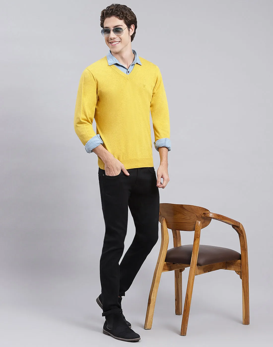 Men Yellow Solid V Neck Full Sleeve Pullover sold by Monte Carlo