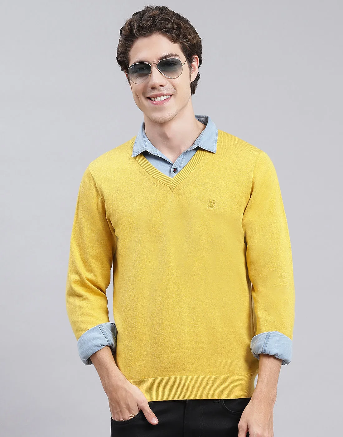 Men Yellow Solid V Neck Full Sleeve Pullover sold by Monte Carlo product image thumbnail 2