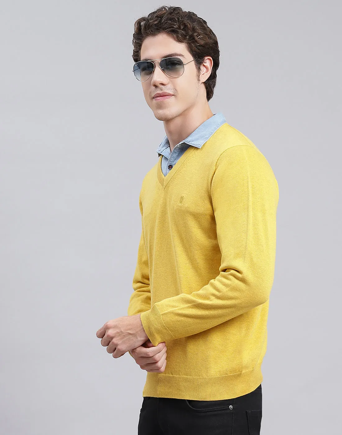 Men Yellow Solid V Neck Full Sleeve Pullover sold by Monte Carlo product image thumbnail 3