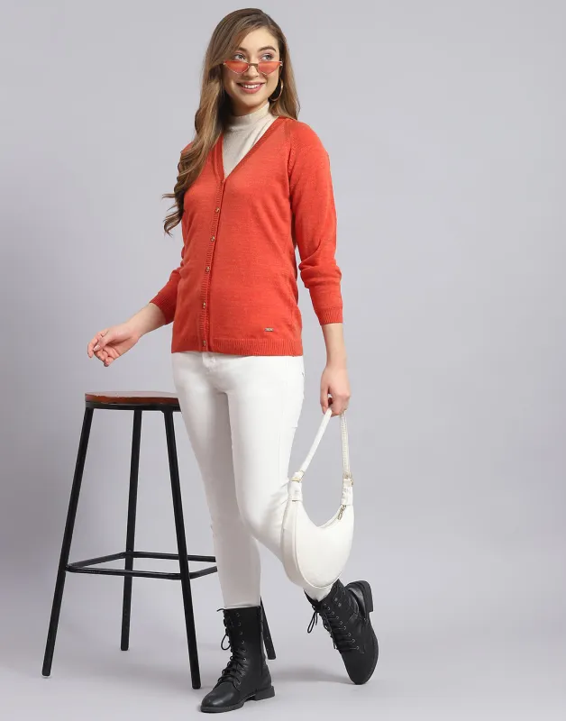 Women Rust Solid V Neck Full Sleeve Cardigan sold by Monte Carlo
