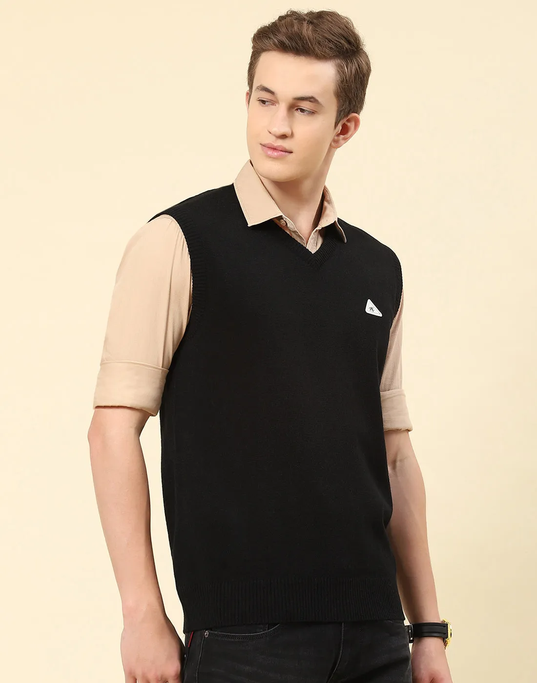 Men Black Solid V Neck Sleeveless Sweater sold by Monte Carlo product image thumbnail 4
