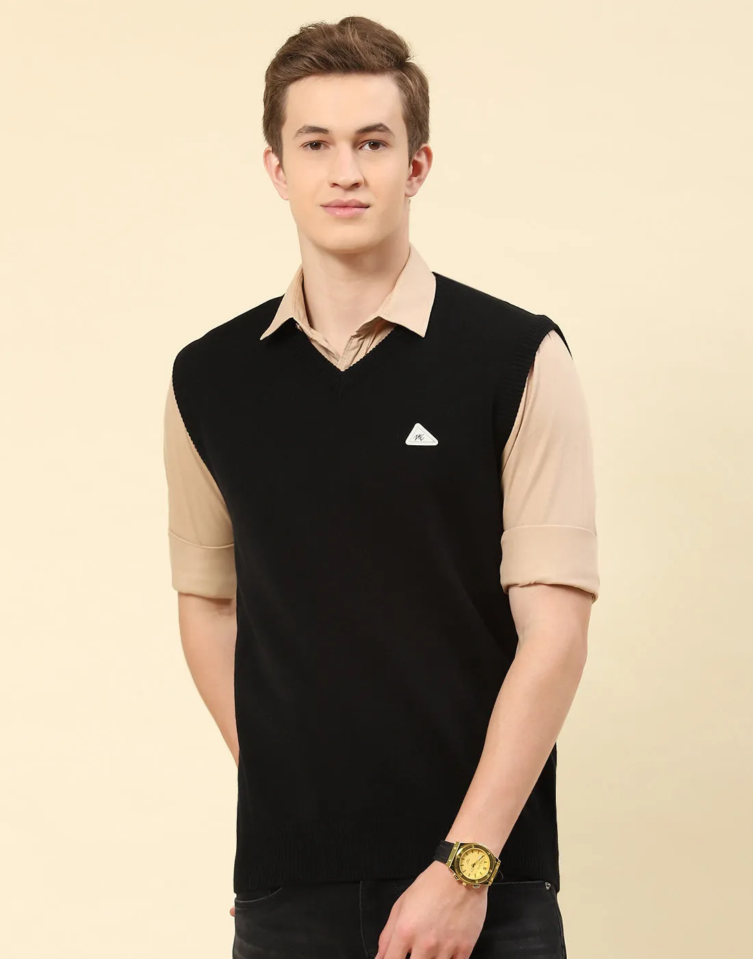 Men Black Solid V Neck Sleeveless Sweater sold by Monte Carlo