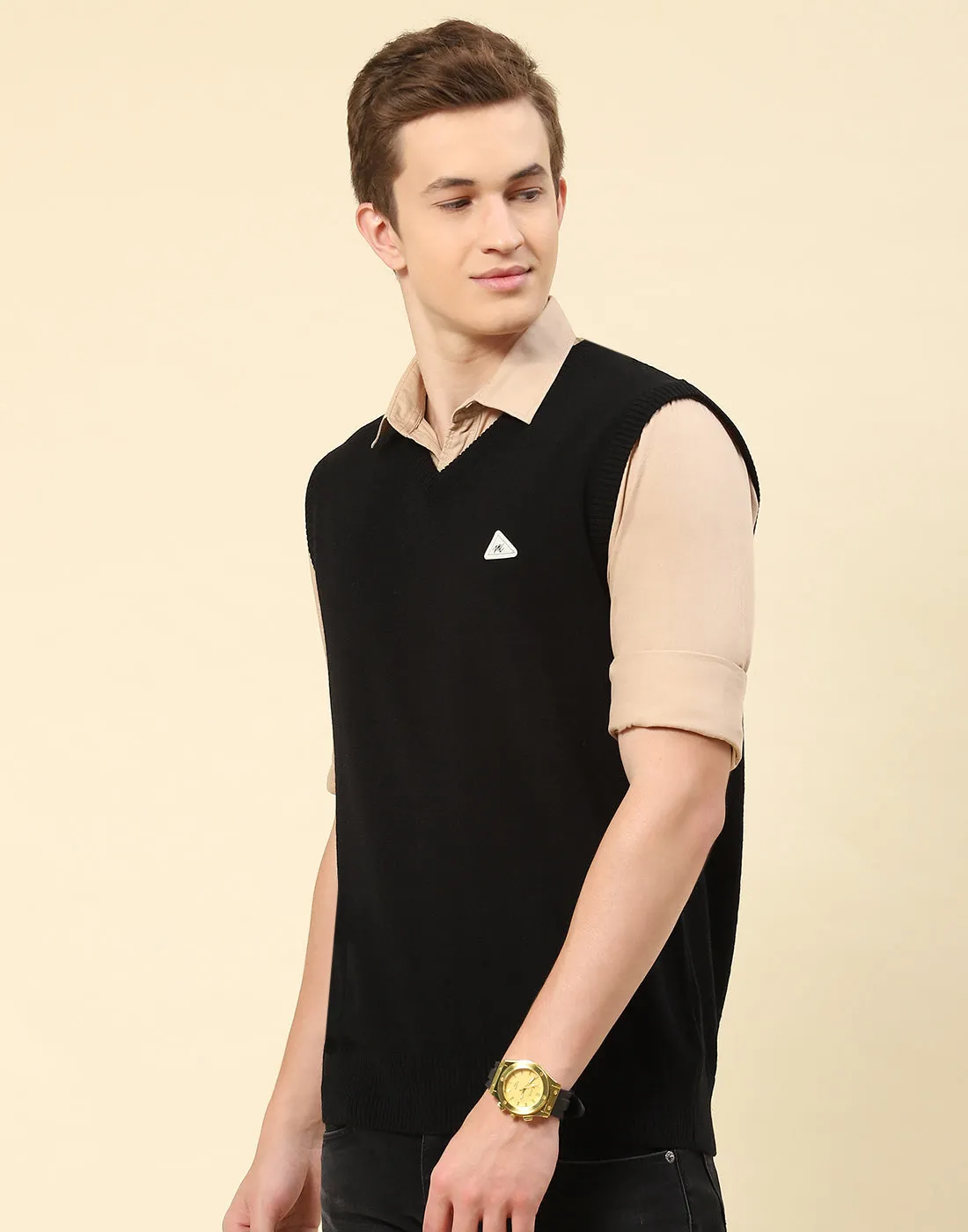 Men Black Solid V Neck Sleeveless Sweater sold by Monte Carlo product image thumbnail 3