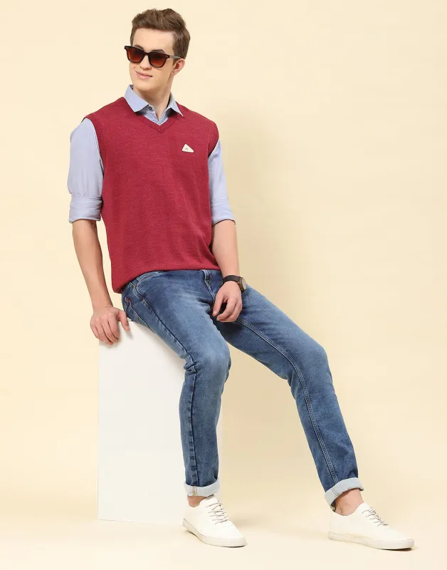Men Red Solid V Neck Sleeveless Sweater sold by Monte Carlo