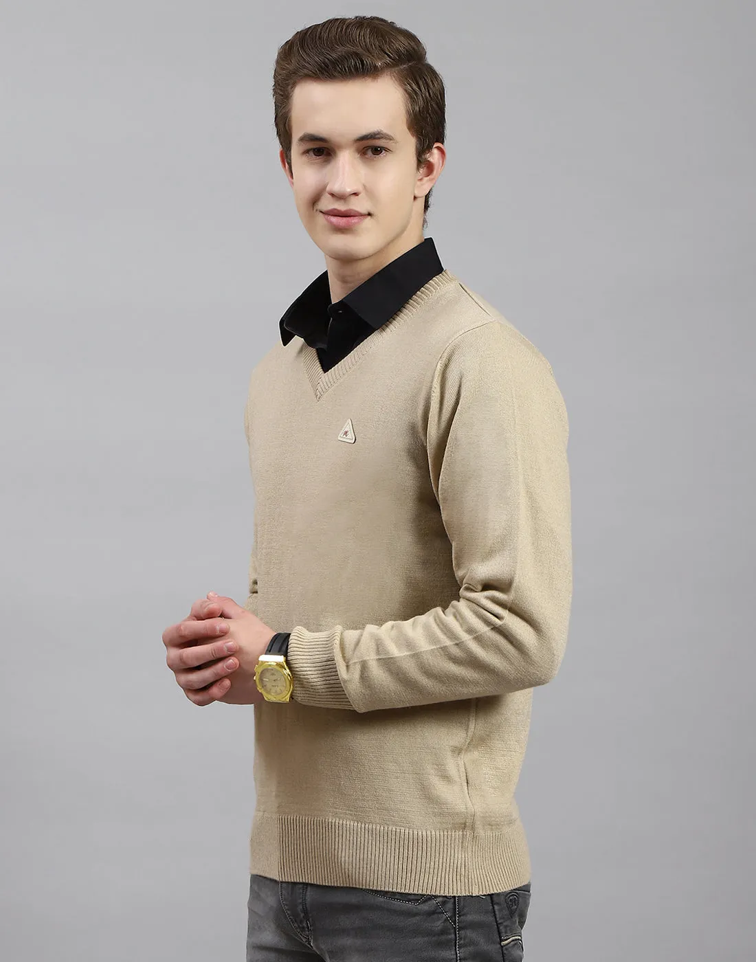 Men Camel Brown Solid V Neck Full Sleeve Pullover sold by Monte Carlo product image thumbnail 3