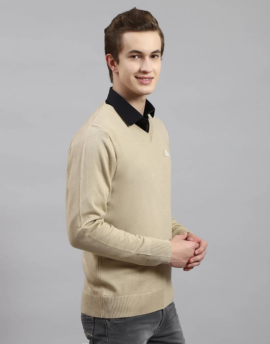 Men Camel Brown Solid V Neck Full Sleeve Pullover sold by Monte Carlo product image thumbnail 4