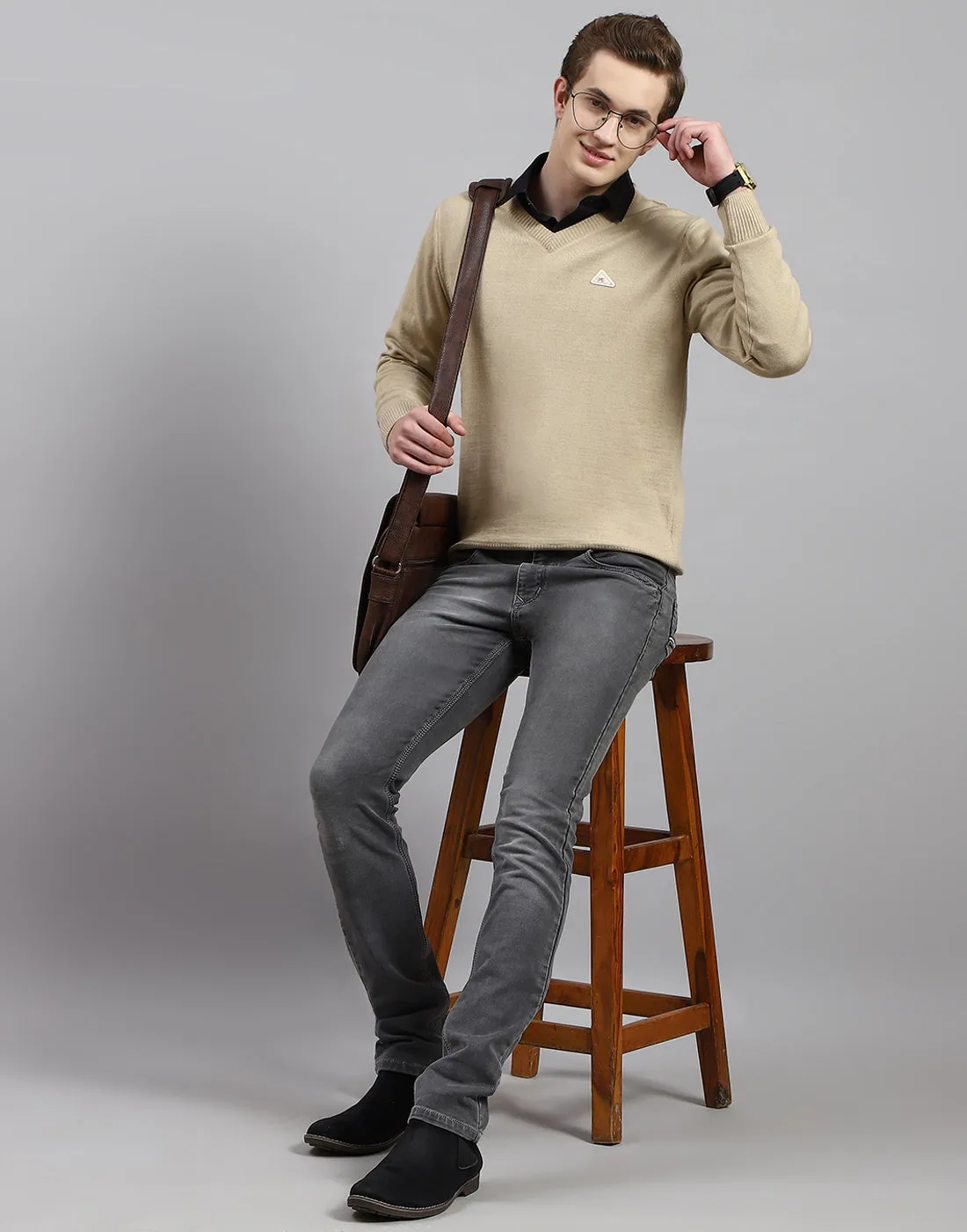 Men Camel Brown Solid V Neck Full Sleeve Pullover sold by Monte Carlo product image thumbnail 2