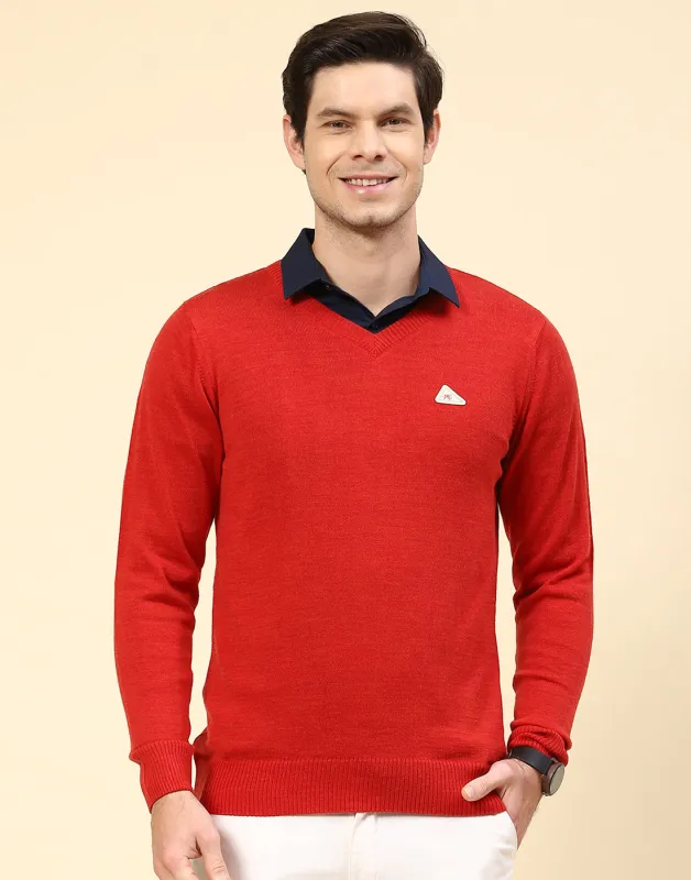 Men Red Solid V Neck Full Sleeve Pullover sold by Monte Carlo