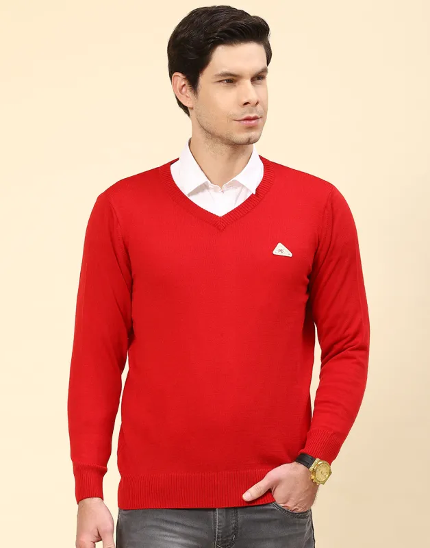 Men Red Solid V Neck Full Sleeve Pullover made by Monte Carlo