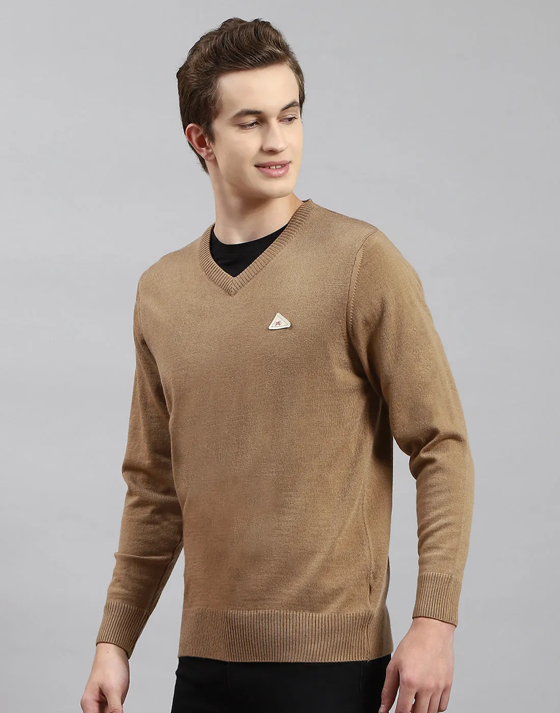 Men Brown Solid V Neck Full Sleeve Pullover sold by Monte Carlo