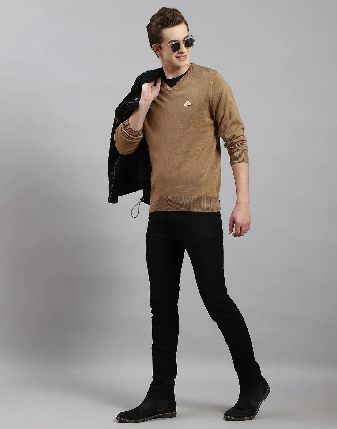 Men Brown Solid V Neck Full Sleeve Pullover sold by Monte Carlo product image thumbnail 2