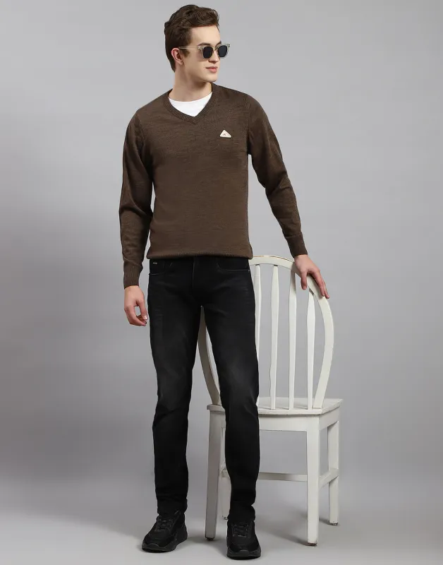 Men Brown Solid V Neck Full Sleeve Pullover made by Monte Carlo