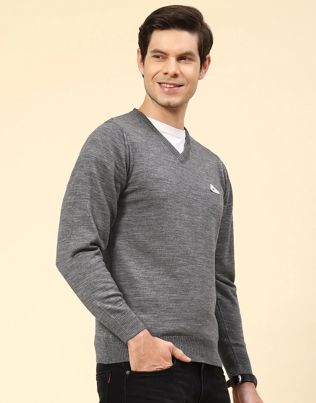 Men Grey Solid V Neck Full Sleeve Pullover sold by Monte Carlo product image thumbnail 4