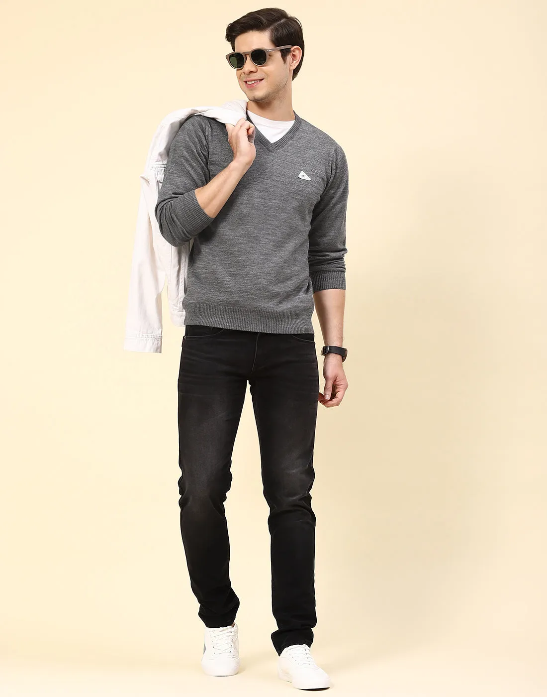 Men Grey Solid V Neck Full Sleeve Pullover sold by Monte Carlo product image thumbnail 2