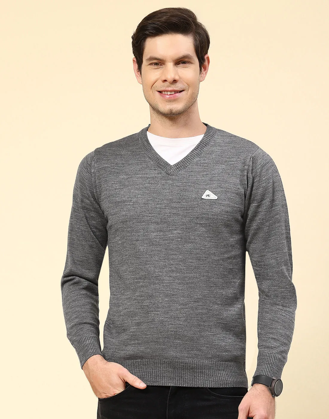 Men Grey Solid V Neck Full Sleeve Pullover sold by Monte Carlo