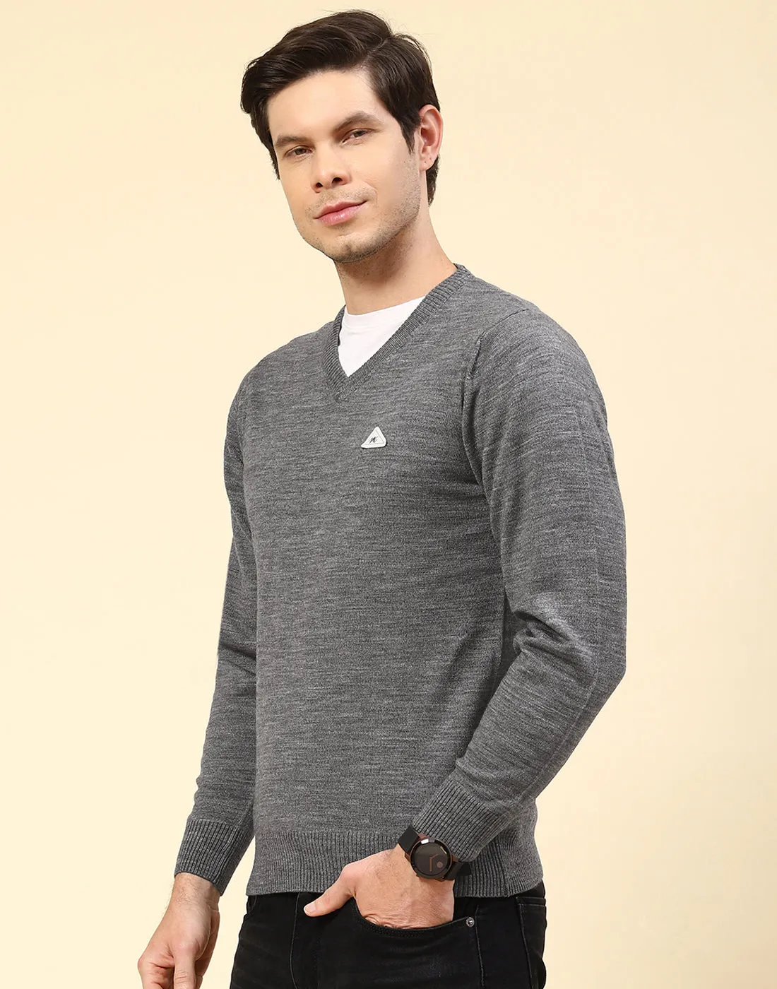 Men Grey Solid V Neck Full Sleeve Pullover sold by Monte Carlo product image thumbnail 3