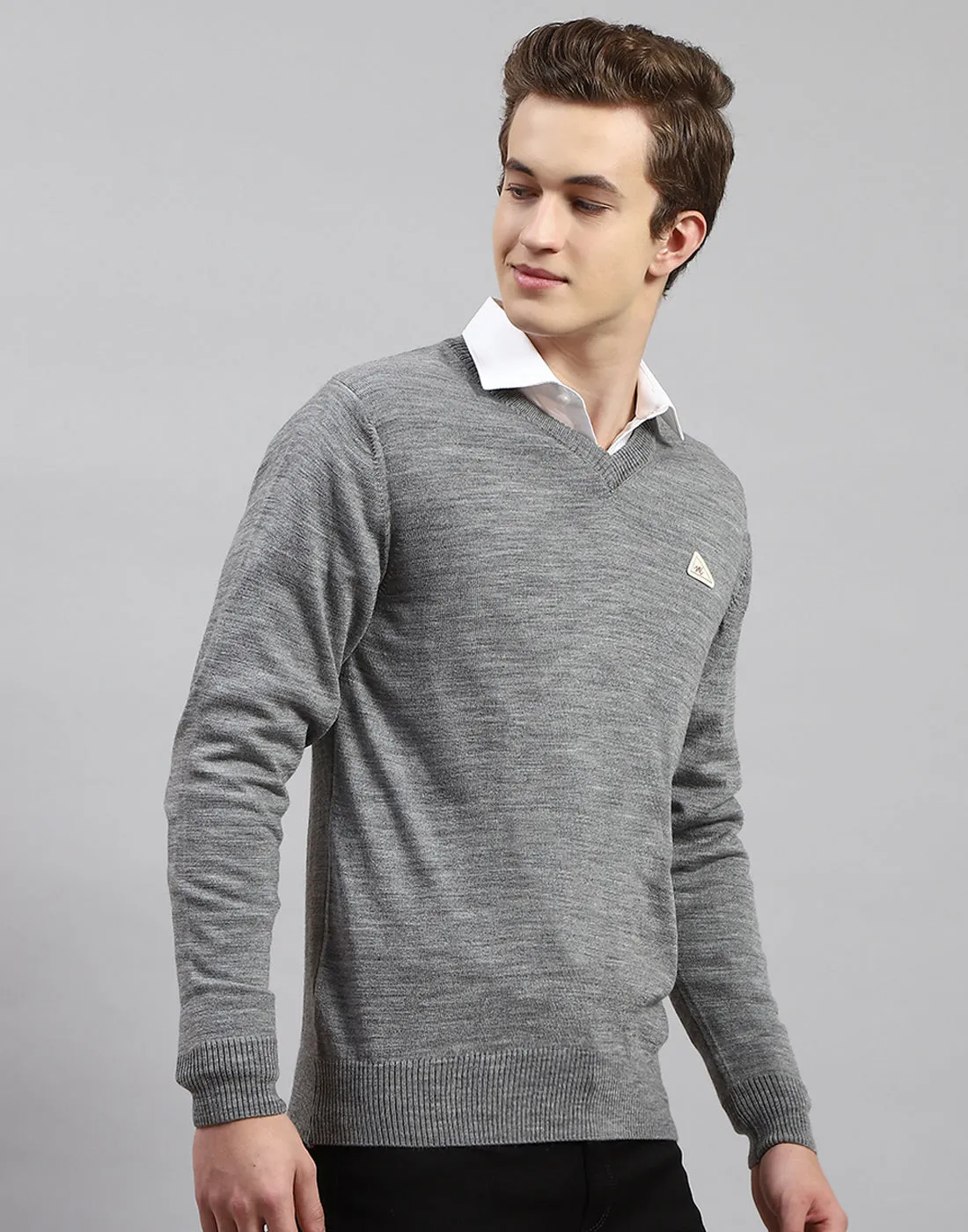 Men Grey Solid V Neck Full Sleeve Pullover sold by Monte Carlo