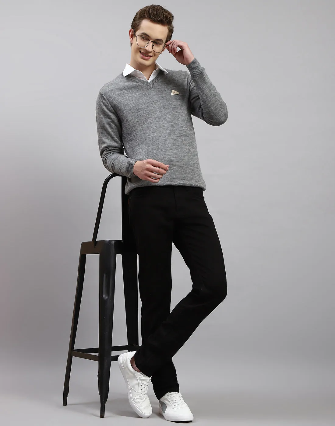 Men Grey Solid V Neck Full Sleeve Pullover sold by Monte Carlo product image thumbnail 2