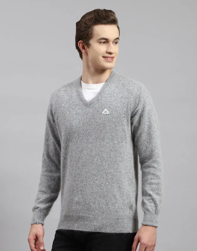 Men Grey Solid V Neck Full Sleeve Pullover made by Monte Carlo
