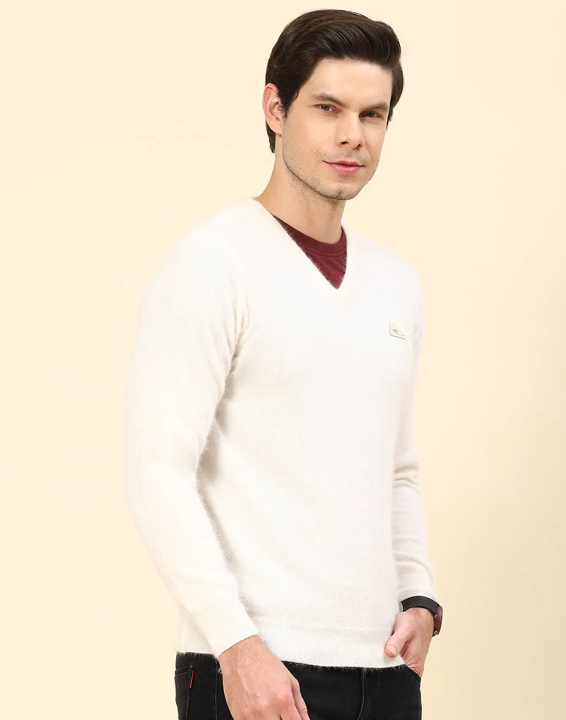 Men Off White Solid V Neck Full Sleeve Pullover sold by Monte Carlo product image thumbnail 4