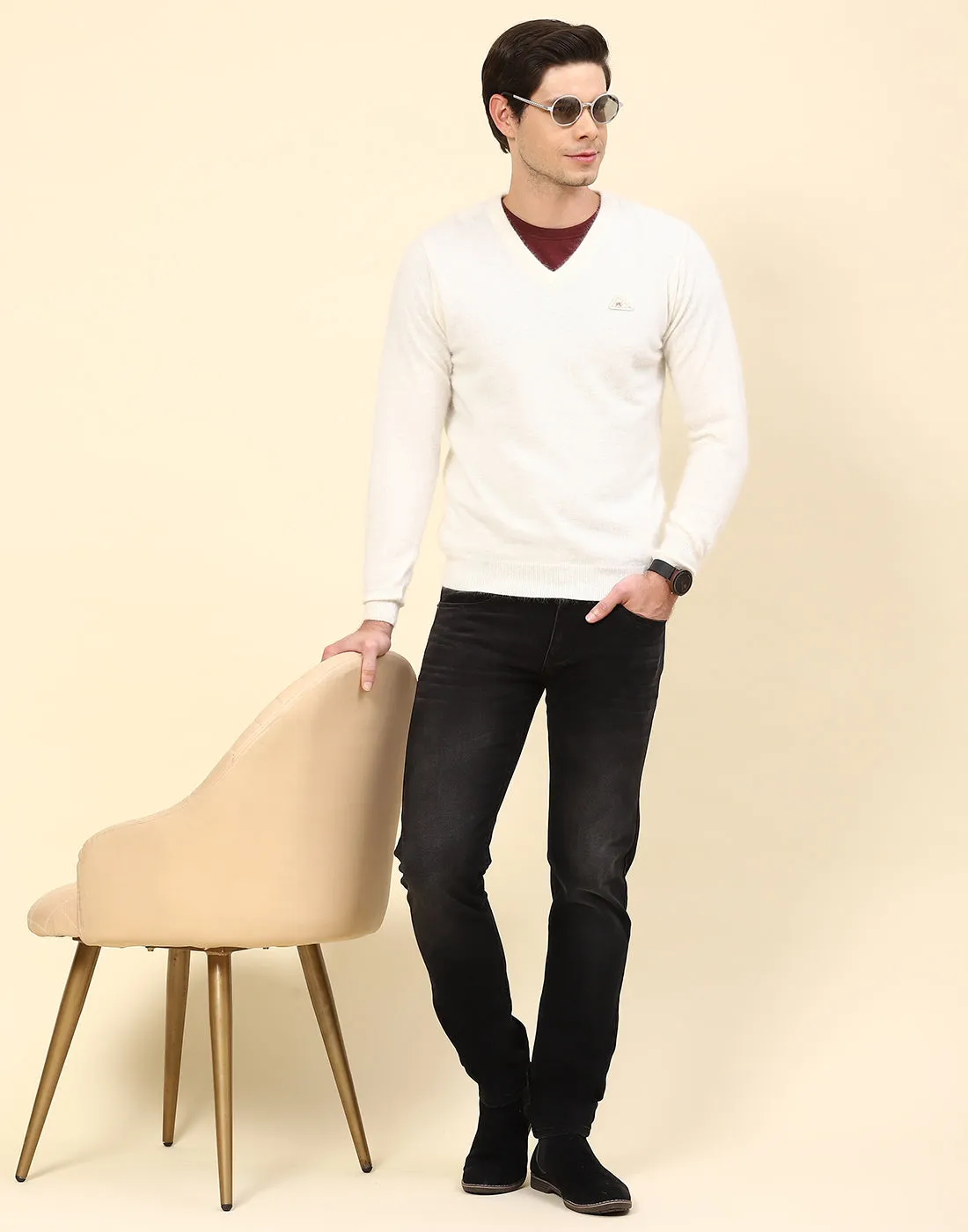 Men Off White Solid V Neck Full Sleeve Pullover sold by Monte Carlo product image thumbnail 2