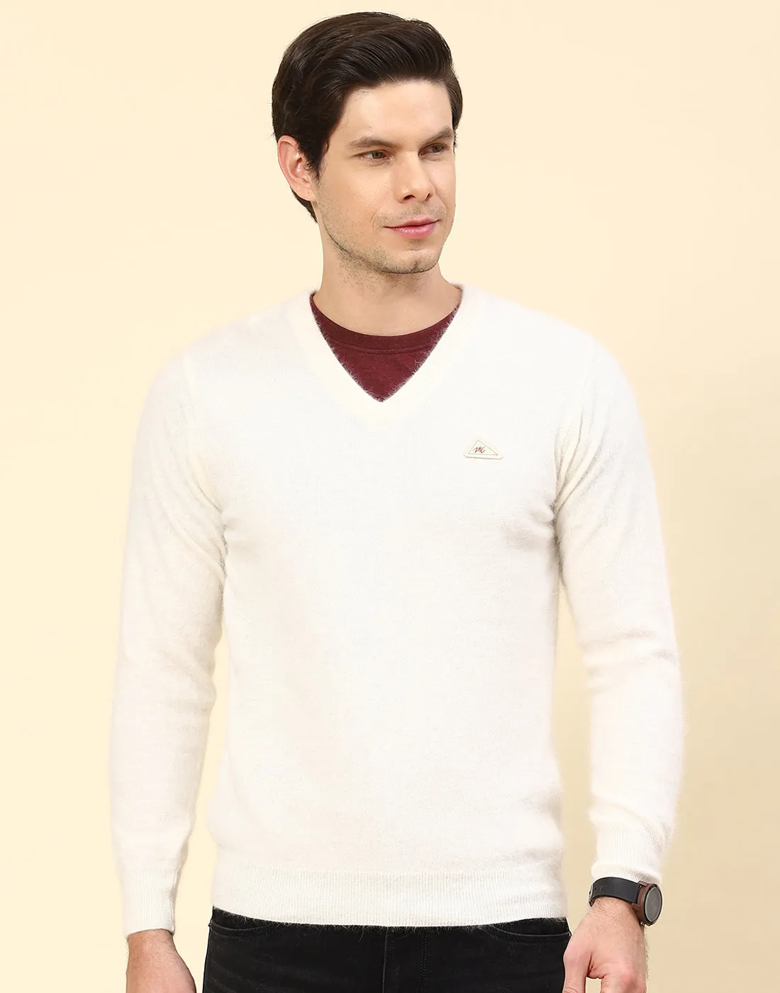 Men Off White Solid V Neck Full Sleeve Pullover sold by Monte Carlo product image thumbnail 3
