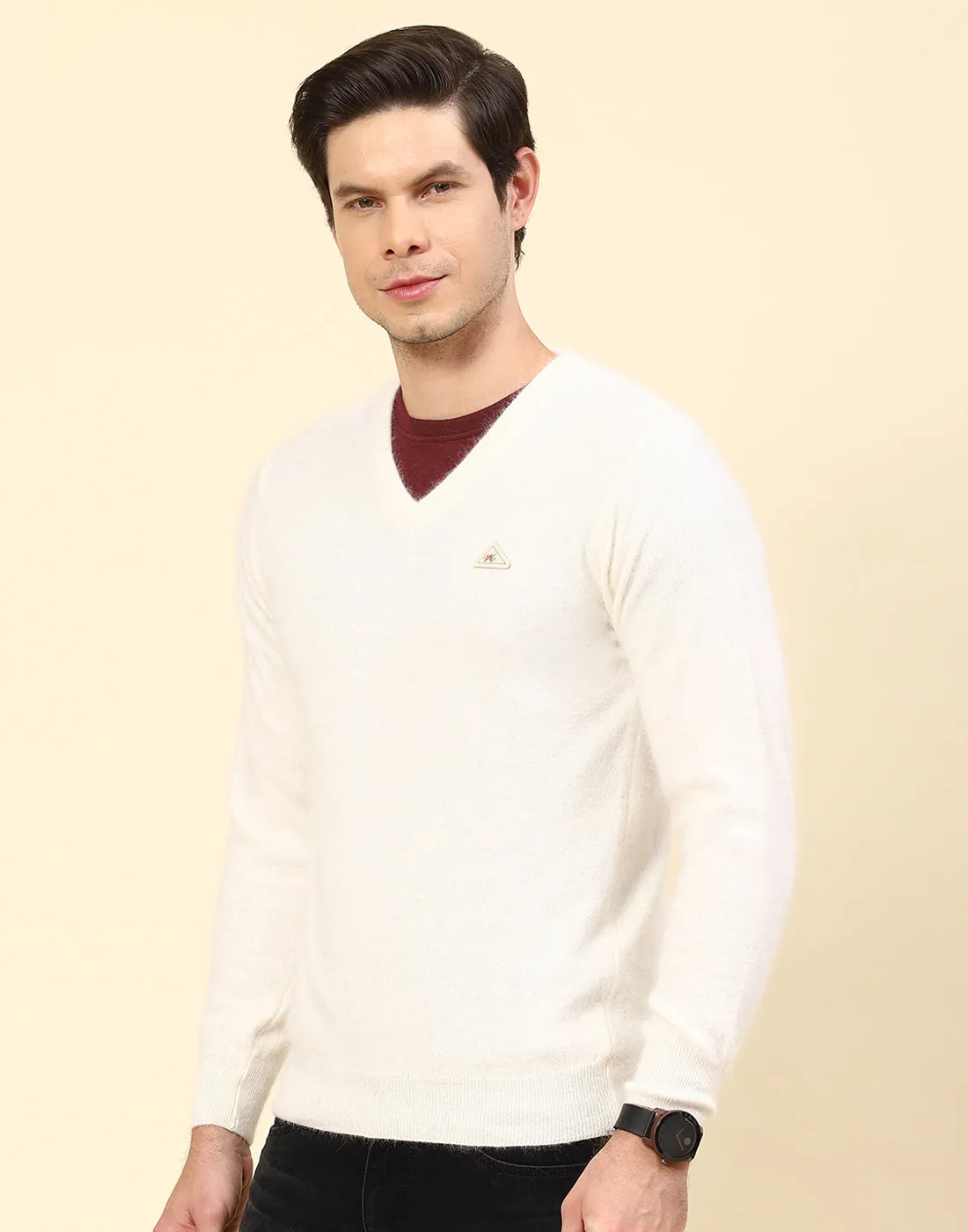 Men Off White Solid V Neck Full Sleeve Pullover sold by Monte Carlo