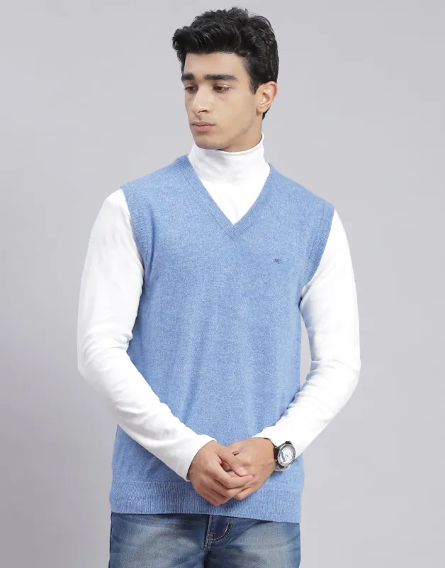 Men Blue Solid V Neck Sleeveless Sweater made by Monte Carlo